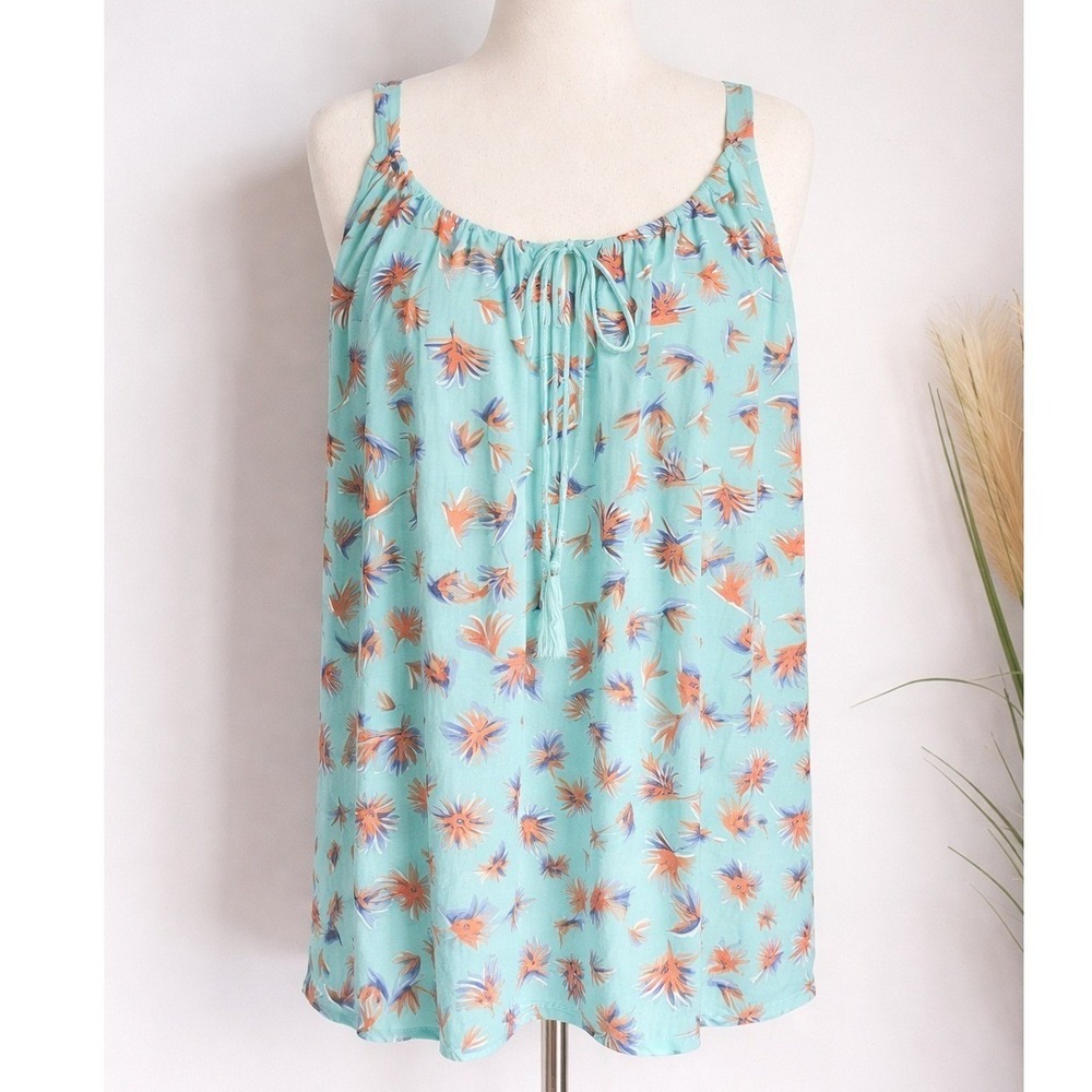 CAbi NEW All Aboard Tassel Tank Top Aqua Orange Palm Leaf 5230 SZ Large Coastal